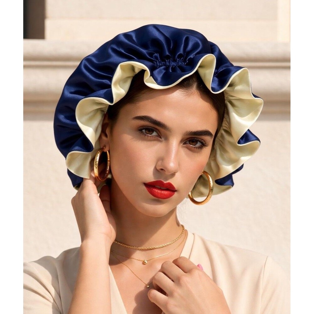 Reversible Satin Sleep Bonnet Hat – Navy & Yellow – Extra Large, Elastic Fit - Picture 5 of 16